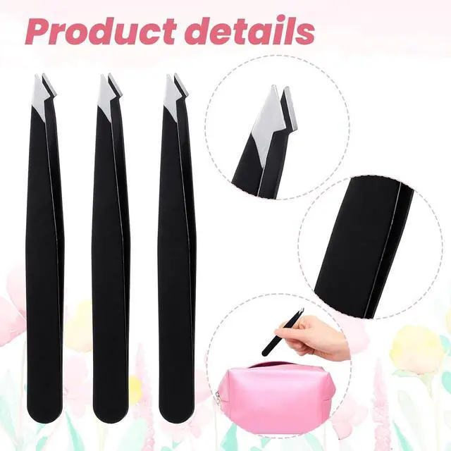 Alt view image 4 of 7 - 3 Pack Tweezers for Eyebrows, Stainless Steel Pointed Tip Ingrown Hair Removal Tweezers Black Slanted Angled Tweezer Set for Women Men Precision for Eyebrows Facial Ingrown Hair and Splinter Removal