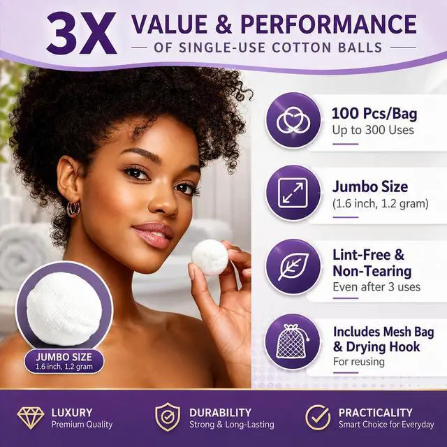 Alt view image 3 of 7 - Jumbo Nonwoven Cotton Balls for Premium Skincare, 100 Ct, Ultra Absorbent, Non-Tearing & Lint-Free, Retains Shape When Wet, Priced as DisposablesUse 3X with Wash Bag & Hook