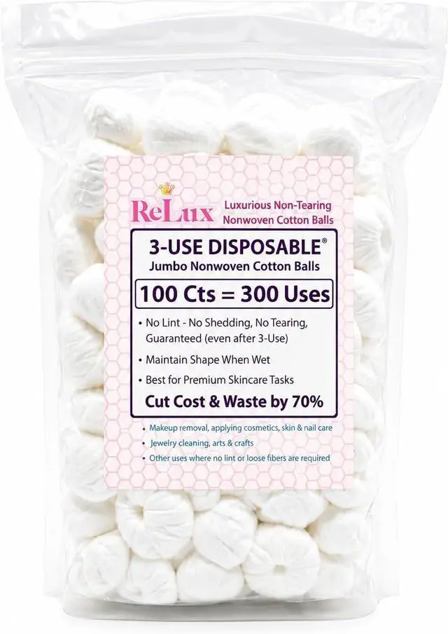 Main image of Jumbo Nonwoven Cotton Balls for Premium Skincare, 100 Ct, Ultra Absorbent, Non-Tearing & Lint-Free, Retains Shape When Wet, Priced as DisposablesUse 3X with Wash Bag & Hook