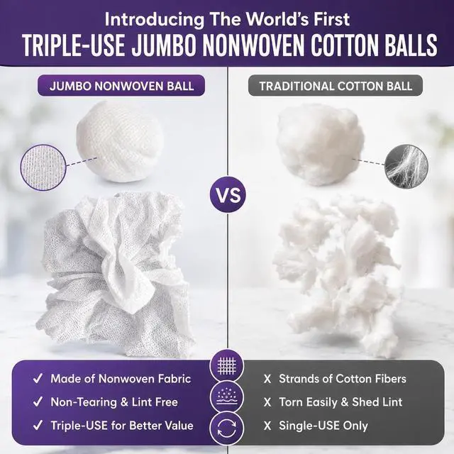 Alt view image 2 of 7 - Jumbo Nonwoven Cotton Balls for Premium Skincare, 100 Ct, Ultra Absorbent, Non-Tearing & Lint-Free, Retains Shape When Wet, Priced as DisposablesUse 3X with Wash Bag & Hook
