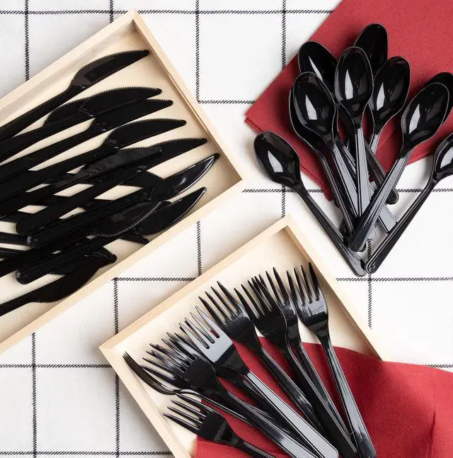 Alt view image 5 of 7 - PlasticPro 50 Pack Heavy Weight Plastic Forks Black Disposable Forks Plastic Cutlery Set