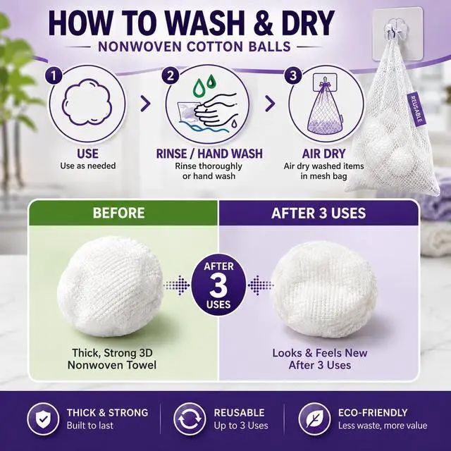 Alt view image 4 of 7 - Jumbo Nonwoven Cotton Balls for Premium Skincare, 100 Ct, Ultra Absorbent, Non-Tearing & Lint-Free, Retains Shape When Wet, Priced as DisposablesUse 3X with Wash Bag & Hook