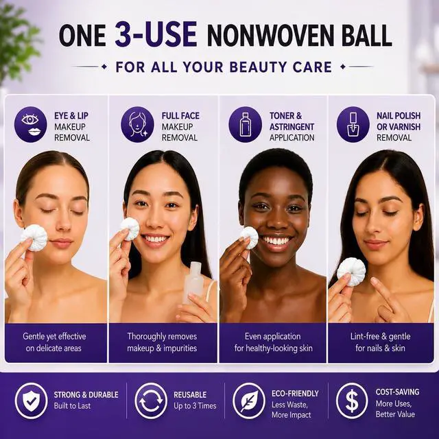 Alt view image 6 of 7 - Jumbo Nonwoven Cotton Balls for Premium Skincare, 100 Ct, Ultra Absorbent, Non-Tearing & Lint-Free, Retains Shape When Wet, Priced as DisposablesUse 3X with Wash Bag & Hook