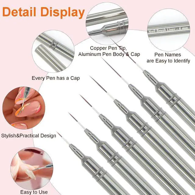 Alt view image 3 of 6 - MYR 6Pcs Metal Nail Art Brushes & 2pcs Nano Nail Files for Nail Art Designs | Nail Art Pens, Nail Art Liner Brushes, Acrylic Nail Brushes, Nail Brushes for Nail Art, Nail Design Tools, Nail Brush Set