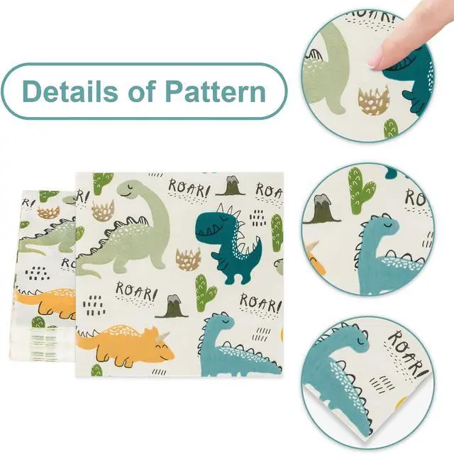 Alt view image 3 of 7 - Dinosaur Napkins, Dinosaur Party Napkins for Dino Theme Party Birthday Dinner Dessert, Cute, 6.5 x 6.5 Inches, 40 Count