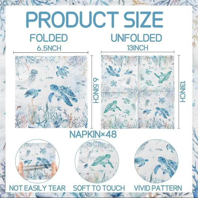 Alt view image 2 of 6 - 48Pcs Green and Blue Coastal Turtle Paper Napkins Disposable Under the Sea Napkins, Nautical Ocean Sea Turtle Hand Towels for Underwater Beach Summer Birthday Baby Shower Dinner Kitchen Bathroom