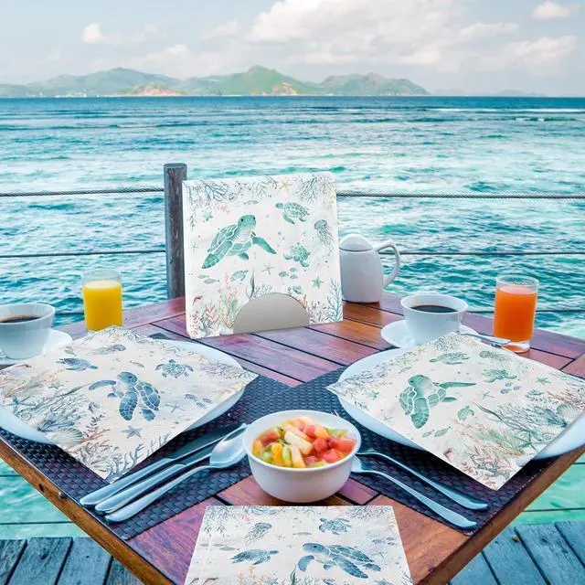 Alt view image 4 of 6 - 48Pcs Green and Blue Coastal Turtle Paper Napkins Disposable Under the Sea Napkins, Nautical Ocean Sea Turtle Hand Towels for Underwater Beach Summer Birthday Baby Shower Dinner Kitchen Bathroom