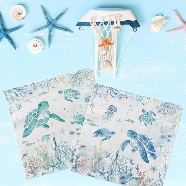 Alt view image 6 of 6 - 48Pcs Green and Blue Coastal Turtle Paper Napkins Disposable Under the Sea Napkins, Nautical Ocean Sea Turtle Hand Towels for Underwater Beach Summer Birthday Baby Shower Dinner Kitchen Bathroom