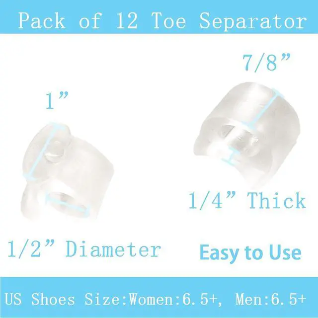 Alt view image 2 of 7 - Pack of 12 Gel Toe Separator, (1/4" Thick) Big Toe Spacers, Single Loop Toe Spreader for Bunions, Overlapping Toe, Corrector and Spacer (Clear)