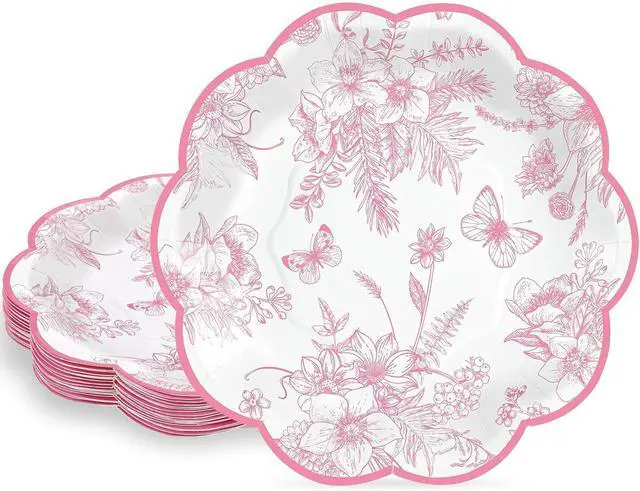 Main image of NatNarr 30 Pcs Pink Floral Paper Plates, 7 inch Tea Party Plates | Vintage Flower Toile Plate Pink and White Dessert Plate Disposable for Baby Bridal Shower Birthday