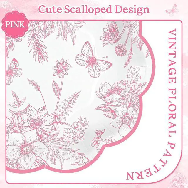 Alt view image 3 of 7 - NatNarr 30 Pcs Pink Floral Paper Plates, 7 inch Tea Party Plates | Vintage Flower Toile Plate Pink and White Dessert Plate Disposable for Baby Bridal Shower Birthday