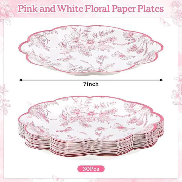 Alt view image 2 of 7 - NatNarr 30 Pcs Pink Floral Paper Plates, 7 inch Tea Party Plates | Vintage Flower Toile Plate Pink and White Dessert Plate Disposable for Baby Bridal Shower Birthday