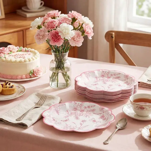 Alt view image 6 of 7 - NatNarr 30 Pcs Pink Floral Paper Plates, 7 inch Tea Party Plates | Vintage Flower Toile Plate Pink and White Dessert Plate Disposable for Baby Bridal Shower Birthday
