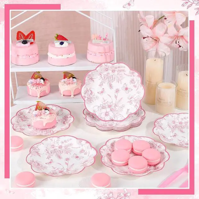 Alt view image 5 of 7 - NatNarr 30 Pcs Pink Floral Paper Plates, 7 inch Tea Party Plates | Vintage Flower Toile Plate Pink and White Dessert Plate Disposable for Baby Bridal Shower Birthday