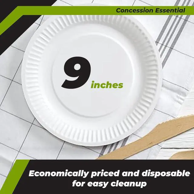 Alt view image 2 of 7 - Concession Essentials Paper Plate, 9" White Uncoated 100ct