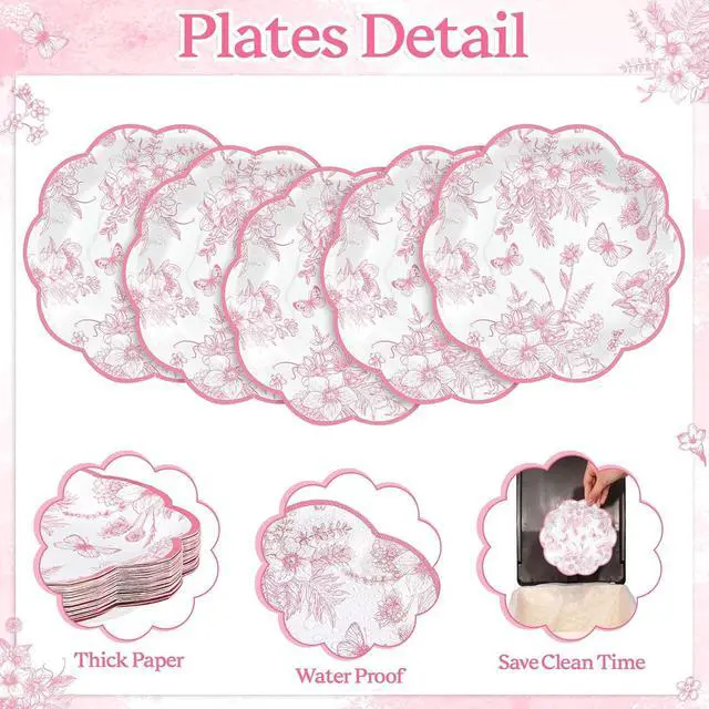 Alt view image 4 of 7 - NatNarr 30 Pcs Pink Floral Paper Plates, 7 inch Tea Party Plates | Vintage Flower Toile Plate Pink and White Dessert Plate Disposable for Baby Bridal Shower Birthday