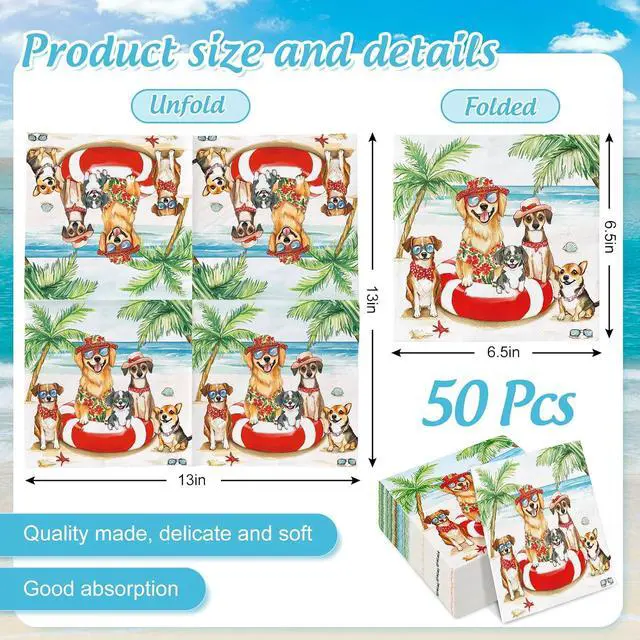 Alt view image 2 of 7 - JarThenaAMCS 50 Pcs Summer Dog Paper Napkins Tropical Beach Disposable Luncheon Napkins Dessert Dinner Hand Napkin for Birthday Pool Party