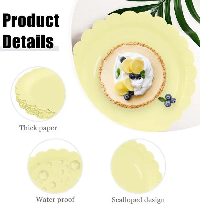 Alt view image 4 of 7 - HEIPINIUYE 25 Pieces Yellow Paper Plates 7 Inch Yellow Scalloped Plates Disposable Dinner Plate for Wedding Baby Shower Birthday Party Dessert Plate