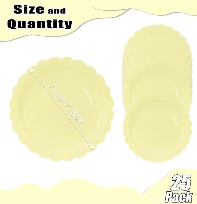 Alt view image 3 of 7 - HEIPINIUYE 25 Pieces Yellow Paper Plates 7 Inch Yellow Scalloped Plates Disposable Dinner Plate for Wedding Baby Shower Birthday Party Dessert Plate