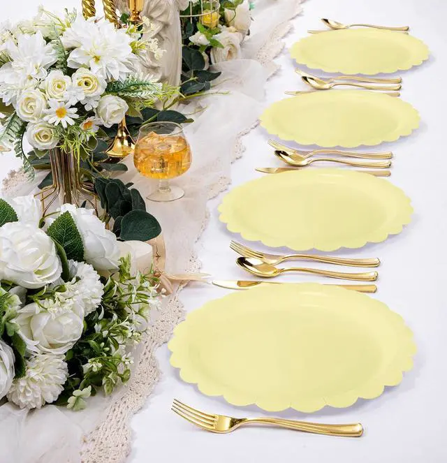 Alt view image 6 of 7 - HEIPINIUYE 25 Pieces Yellow Paper Plates 7 Inch Yellow Scalloped Plates Disposable Dinner Plate for Wedding Baby Shower Birthday Party Dessert Plate
