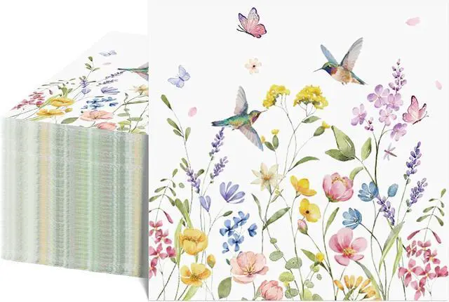 Main image of NatNarr 100 Pcs Wildflower Napkins, 5" Floral Cocktail Napkins | Butterfly Hummingbird Flower Print, Floral Dessert Beverage Napkins for Tea Party, Baby Shower, Decoupage
