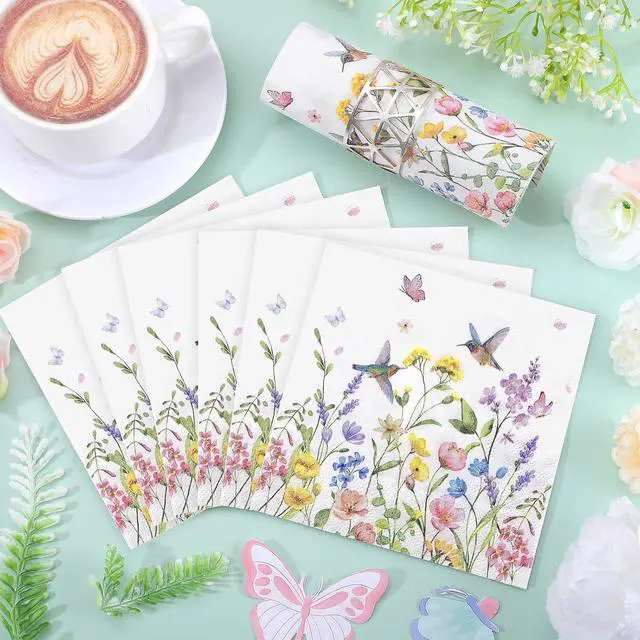 Alt view image 2 of 7 - NatNarr 100 Pcs Wildflower Napkins, 5" Floral Cocktail Napkins | Butterfly Hummingbird Flower Print, Floral Dessert Beverage Napkins for Tea Party, Baby Shower, Decoupage
