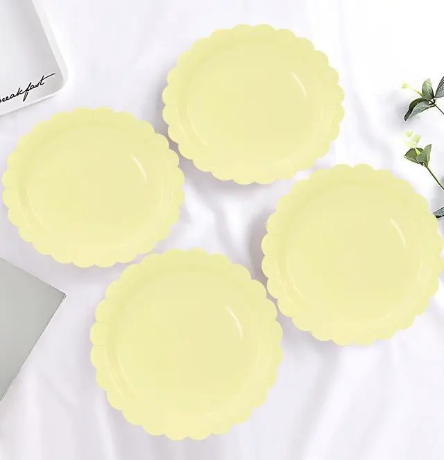 Alt view image 5 of 7 - HEIPINIUYE 25 Pieces Yellow Paper Plates 7 Inch Yellow Scalloped Plates Disposable Dinner Plate for Wedding Baby Shower Birthday Party Dessert Plate