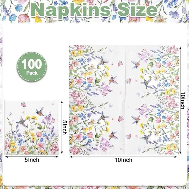 Alt view image 3 of 7 - NatNarr 100 Pcs Wildflower Napkins, 5" Floral Cocktail Napkins | Butterfly Hummingbird Flower Print, Floral Dessert Beverage Napkins for Tea Party, Baby Shower, Decoupage