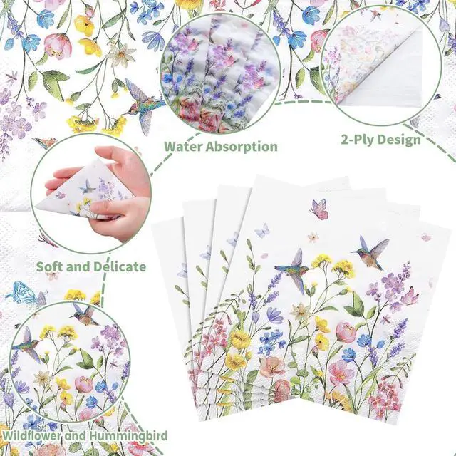 Alt view image 4 of 7 - NatNarr 100 Pcs Wildflower Napkins, 5" Floral Cocktail Napkins | Butterfly Hummingbird Flower Print, Floral Dessert Beverage Napkins for Tea Party, Baby Shower, Decoupage