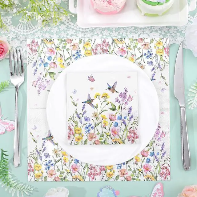 Alt view image 5 of 7 - NatNarr 100 Pcs Wildflower Napkins, 5" Floral Cocktail Napkins | Butterfly Hummingbird Flower Print, Floral Dessert Beverage Napkins for Tea Party, Baby Shower, Decoupage
