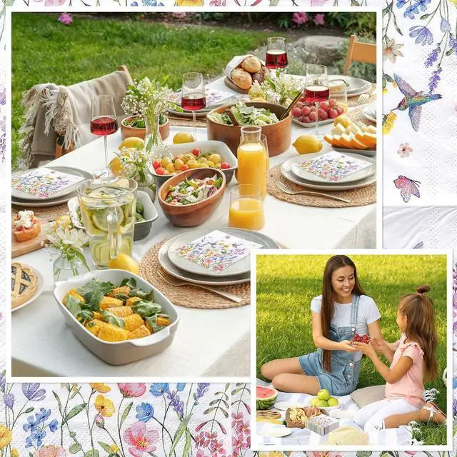 Alt view image 7 of 7 - NatNarr 100 Pcs Wildflower Napkins, 5" Floral Cocktail Napkins | Butterfly Hummingbird Flower Print, Floral Dessert Beverage Napkins for Tea Party, Baby Shower, Decoupage