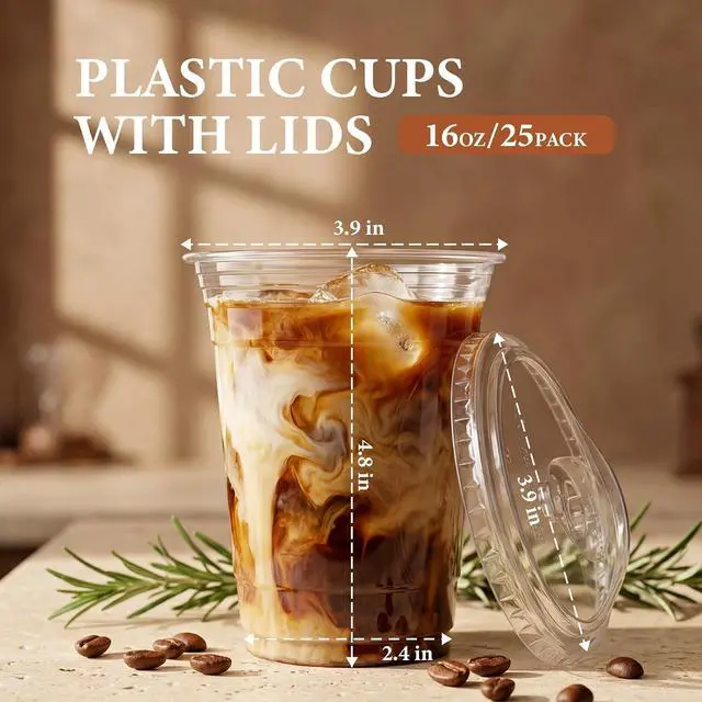 Alt view image 2 of 7 - 25 Pack 16oz Clear Plastic Cups with Sip Lids | Disposable Iced Coffee Cups,BPA Free,Food Safe Sturdy Cups for Iced Coffee,Smoothies Party Cold Drinks