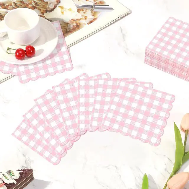 Alt view image 3 of 6 - 50 PCS Gingham Napkins Disposable; 3-ply Pink and White Checkered Napkins; Plaid Scalloped Cocktail Napkin for Baby Shower, Wedding, Birthday, Picnic, Valentines; Pink Gingham Paper Napkin