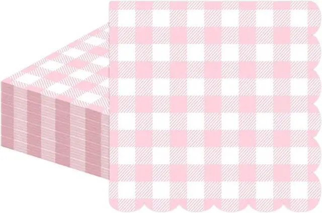 Main image of 50 PCS Gingham Napkins Disposable; 3-ply Pink and White Checkered Napkins; Plaid Scalloped Cocktail Napkin for Baby Shower, Wedding, Birthday, Picnic, Valentines; Pink Gingham Paper Napkin