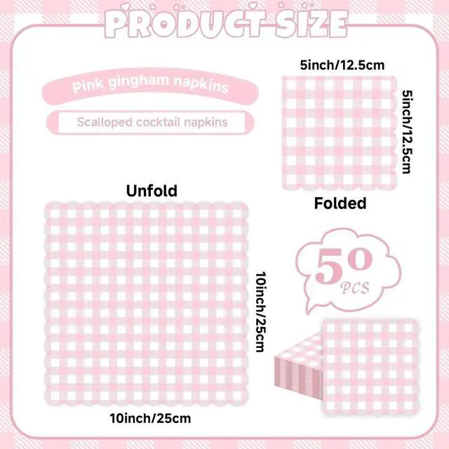 Alt view image 2 of 6 - 50 PCS Gingham Napkins Disposable; 3-ply Pink and White Checkered Napkins; Plaid Scalloped Cocktail Napkin for Baby Shower, Wedding, Birthday, Picnic, Valentines; Pink Gingham Paper Napkin