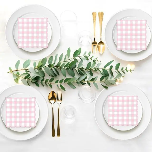 Alt view image 4 of 6 - 50 PCS Gingham Napkins Disposable; 3-ply Pink and White Checkered Napkins; Plaid Scalloped Cocktail Napkin for Baby Shower, Wedding, Birthday, Picnic, Valentines; Pink Gingham Paper Napkin