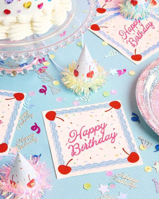 Alt view image 2 of 7 - xo, Fetti 25 Happy Birthday Paper Napkins | Party Decorations Tablescape | Cake, Rainbow Sprinkles, Cherry, Icing, Dessert