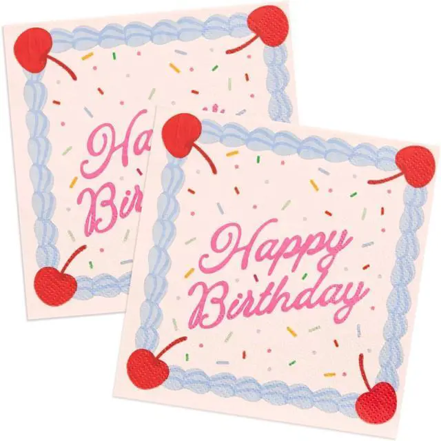 Main image of xo, Fetti 25 Happy Birthday Paper Napkins | Party Decorations Tablescape | Cake, Rainbow Sprinkles, Cherry, Icing, Dessert