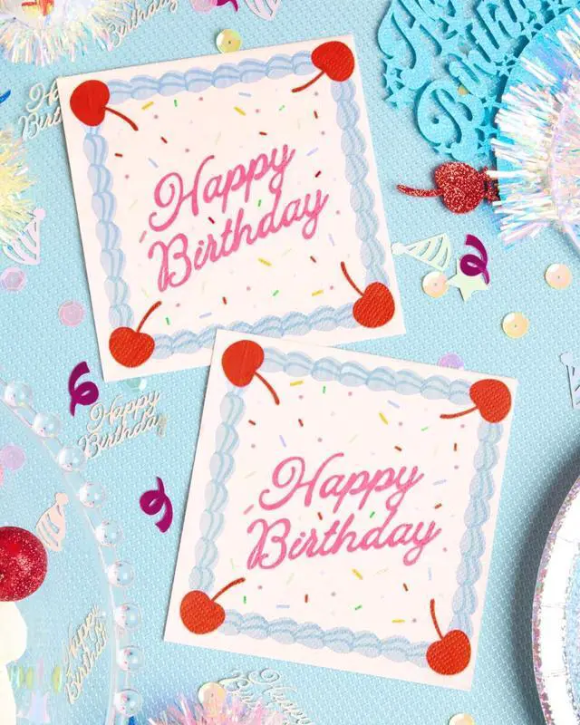 Alt view image 4 of 7 - xo, Fetti 25 Happy Birthday Paper Napkins | Party Decorations Tablescape | Cake, Rainbow Sprinkles, Cherry, Icing, Dessert