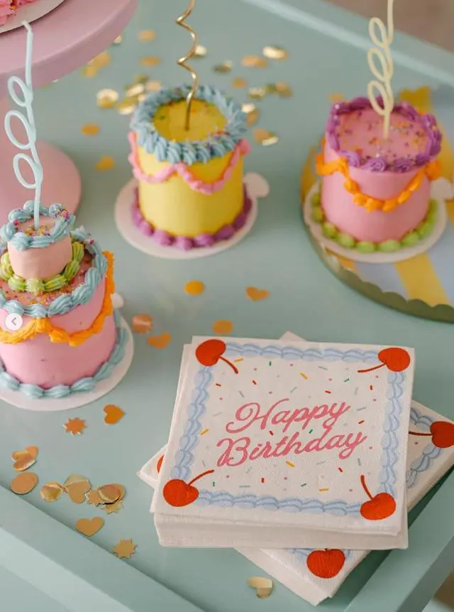 Alt view image 5 of 7 - xo, Fetti 25 Happy Birthday Paper Napkins | Party Decorations Tablescape | Cake, Rainbow Sprinkles, Cherry, Icing, Dessert