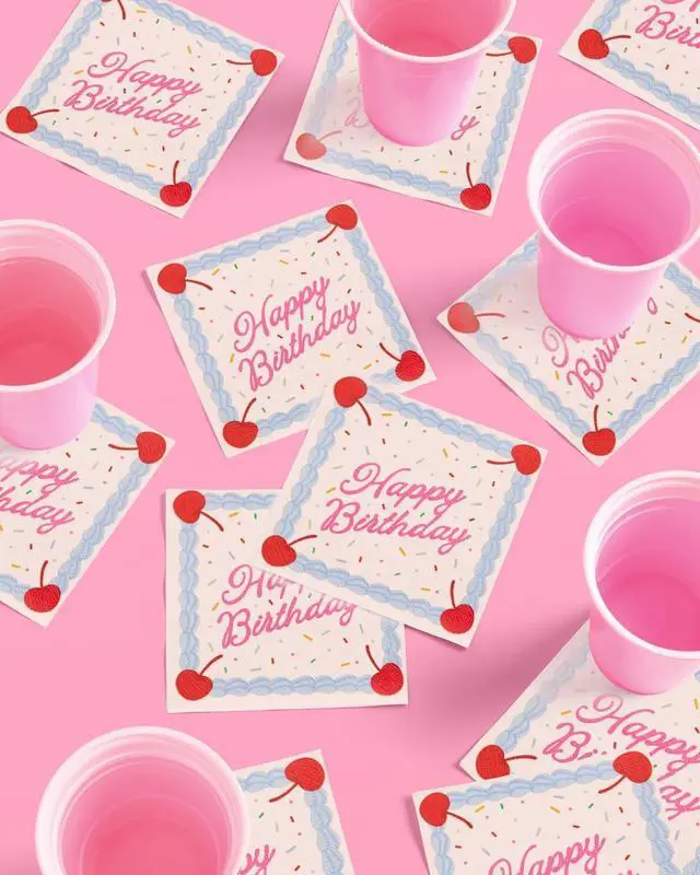 Alt view image 7 of 7 - xo, Fetti 25 Happy Birthday Paper Napkins | Party Decorations Tablescape | Cake, Rainbow Sprinkles, Cherry, Icing, Dessert