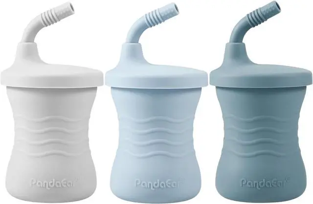 Main image of PandaEar Silicone Training Cup, 3 Pack Baby Drinking Sippy Cups with Straw for Baby and Toddler 6 Months+ (Dark Blue/Light Blue/Gray)