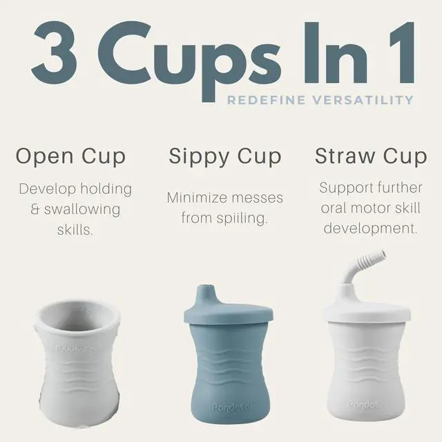 Alt view image 2 of 7 - PandaEar Silicone Training Cup, 3 Pack Baby Drinking Sippy Cups with Straw for Baby and Toddler 6 Months+ (Dark Blue/Light Blue/Gray)