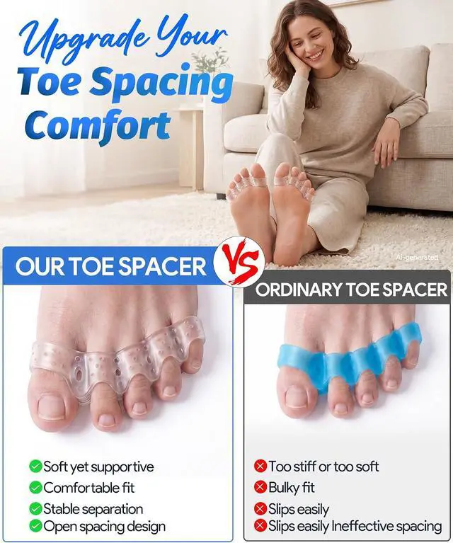 Alt view image 6 of 7 - Soft Toe Spacers for Women and Men, Silicone Toe Separators with Breathable Airflow Channels, Washable Reusable Design for Daily Use, Stretching and Comfort, 1 Pair