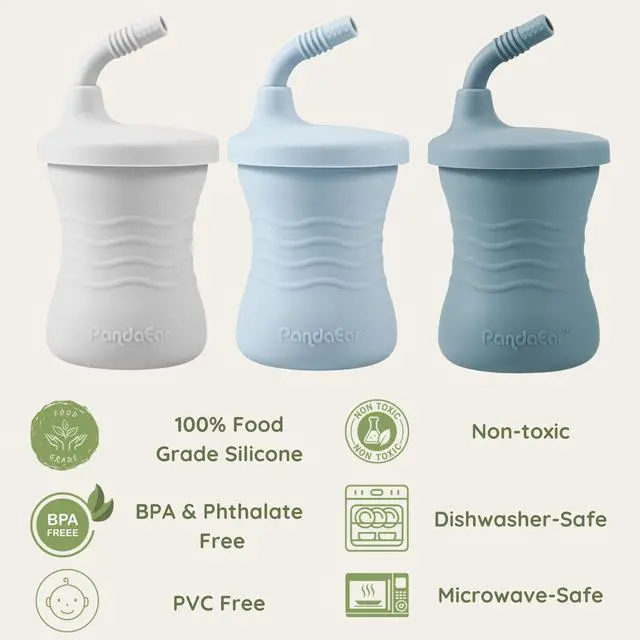 Alt view image 6 of 7 - PandaEar Silicone Training Cup, 3 Pack Baby Drinking Sippy Cups with Straw for Baby and Toddler 6 Months+ (Dark Blue/Light Blue/Gray)