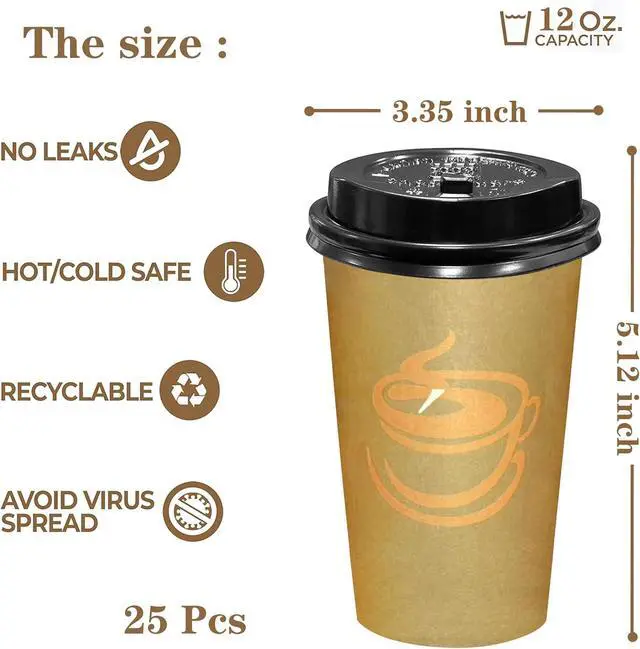 Alt view image 2 of 7 - 12 oz Disposable Coffee Cups with Lids 25 Pack,To Go Paper Coffee Cups for Hot & Cold Beverages, Coffee, Tea, Hot Chocolate, Water or Juice,for Home, Office, Store and Cafe