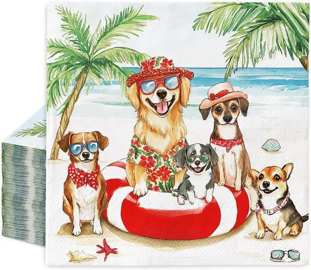 Main image of JarThenaAMCS 50 Pcs Summer Dog Paper Napkins Tropical Beach Disposable Luncheon Napkins Dessert Dinner Hand Napkin for Birthday Pool Party