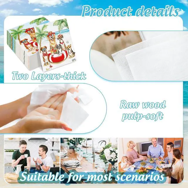 Alt view image 3 of 7 - JarThenaAMCS 50 Pcs Summer Dog Paper Napkins Tropical Beach Disposable Luncheon Napkins Dessert Dinner Hand Napkin for Birthday Pool Party