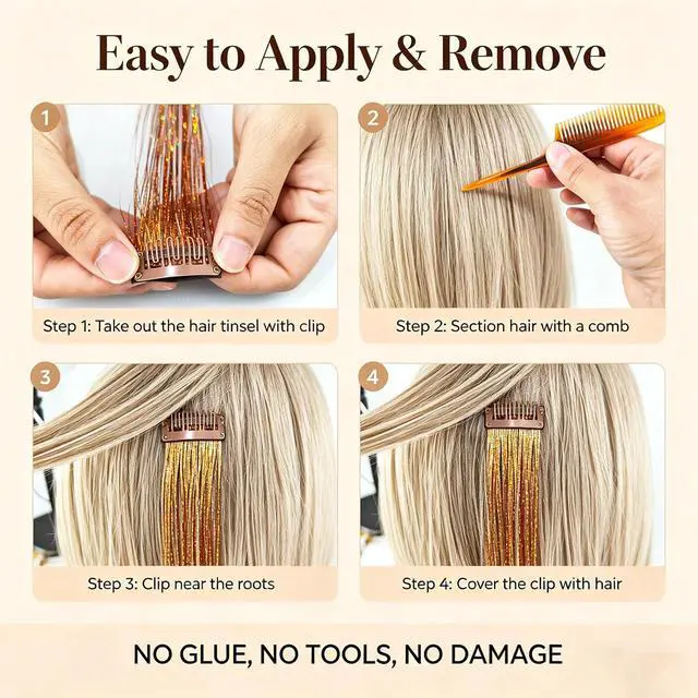Alt view image 7 of 7 - Chestnut Brown Clip in Hair Tinsel, 24 Inch 75 Strands Heat Resistant Glitter Hair Extensions, 6 Packs Natural Fairy Hair for Women Daily Office Casual Wear