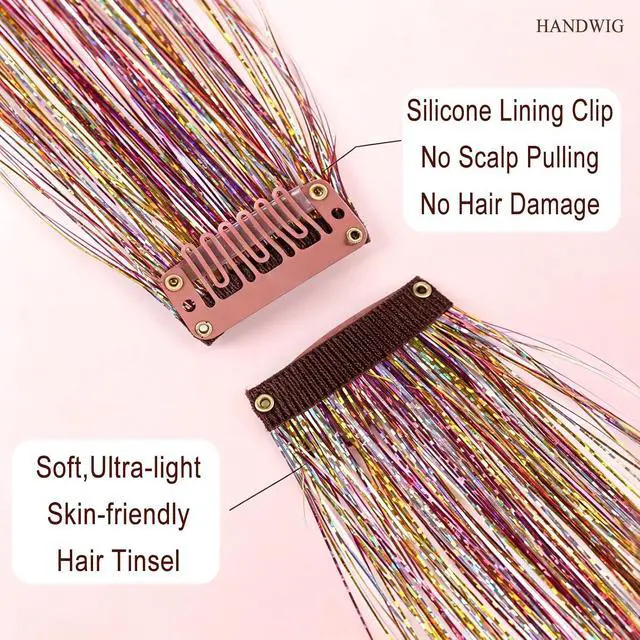 Alt view image 6 of 7 - Chestnut Brown Clip in Hair Tinsel, 24 Inch 75 Strands Heat Resistant Glitter Hair Extensions, 6 Packs Natural Fairy Hair for Women Daily Office Casual Wear